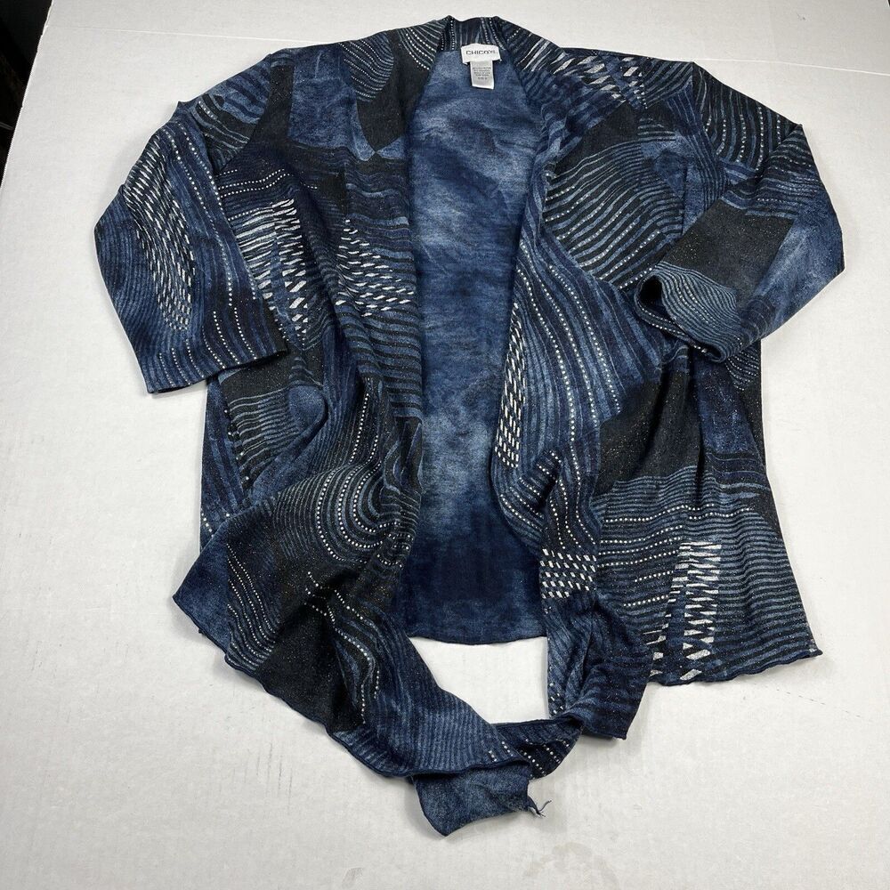Chicos Draped Front Cardigan Abstract Print 3/4 Sleeve Whimsical Sweater 2 LARGE
